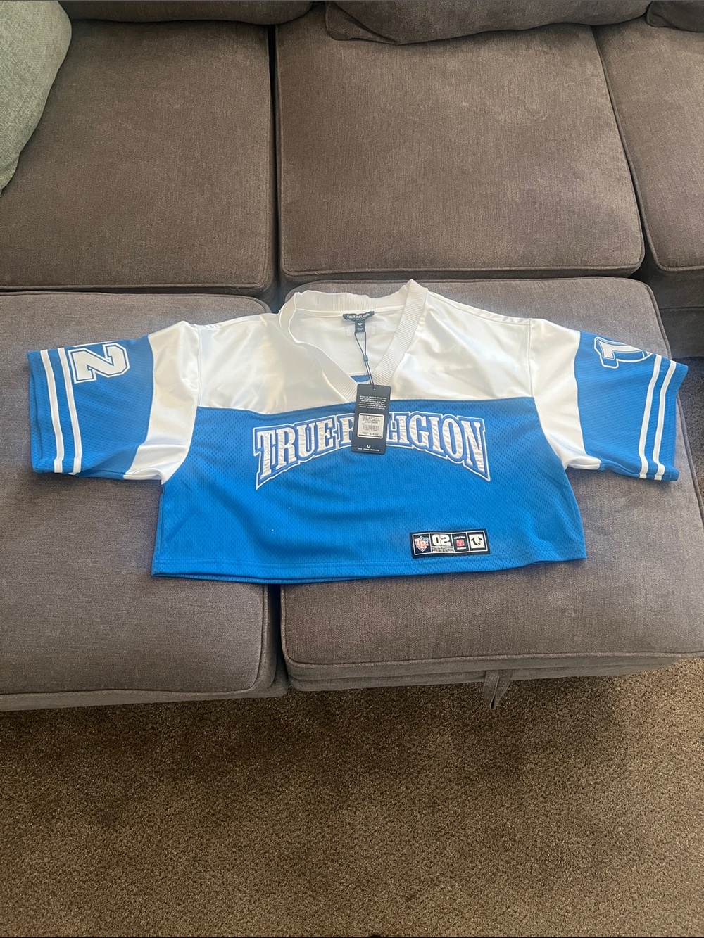 True Religion Blue and White Cropped Mesh Jersey Top